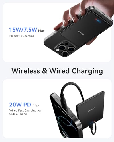 Kuulaa Power Bank Ultra Slim, 0.28 in MagSafe PowerBank 5000 mAh, PD20W Small Power Bank, Magnetic Wireless External Mobile Phone Batteries for iPhone 16 Pro/15/14/13/12 Series (Black) - color: Black
