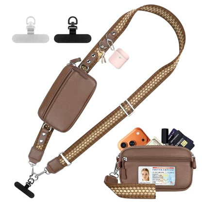 YFWE Clip and Go Phone Strap with Crossbody Wallet, Adjustable Phone Lanyard with Detachable RFID Wristlet Wallet, Anti-Theft Leather Purse with ID Window for Travel Essentials (Bronze) - color: Brown