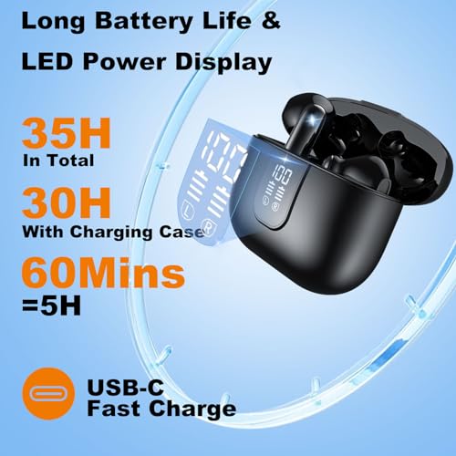 Wireless Earbuds Bluetooth 5.4, in Ear buds 6 Mic ENC Noise Cancelling for Clearer Call, Earphones Deep Bass Stereo, LED Power Display 35H Playtime IP7 Waterproof Mini Sport Headphones for Android iOS