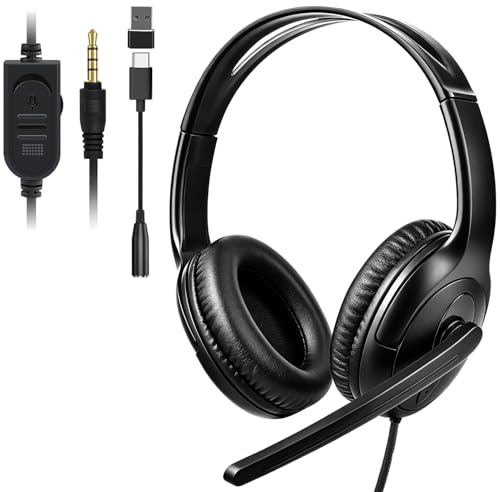 Megadream Over Ear Gaming Headset with Mic (3.5mm) - Headphone with to-Shiba Speaker, Protein Earpads Braided Cable for PS5/PS4/Xbox/Switch/PC/iPad/Tablet/Remote Work/Office- with USB-C/USB-A Adapter - color: Black | Dual Ear | Vertical Mic