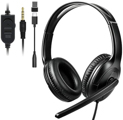 Megadream Over Ear Gaming Headset with Mic (3.5mm) - Headphone with to-Shiba Speaker, Protein Earpads Braided Cable for PS5/PS4/Xbox/Switch/PC/iPad/Tablet/Remote Work/Office- with USB-C/USB-A Adapter - color: Black | Dual Ear | Vertical Mic