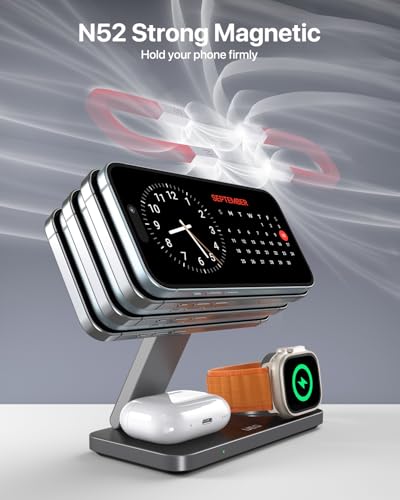 UEQ 3-in-1 Charging Station for Apple Devices,QI2.2 25W Ultra-Fast Magnetic Wireless Charger Stand,Compatible with MagSafe,Foldable Travel Charger for iPhone Air/17/16/15/14/13/12,Apple Watch,AirPods - color: Pure Black