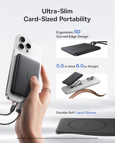 Baseus Picogo Qi2 15W Magsafe Portable Charger, 0.5" Ultra Slim 10000mAh Wireless Power Bank with 27W Built-in USB-C Cable, Magnetic Battery Pack for iPhone 17 Pro Max/17 Pro/Air/16/15/14/13/12 | 10000mAh Wireless Power Bank, 27W Fast Charging Magnetic Ba