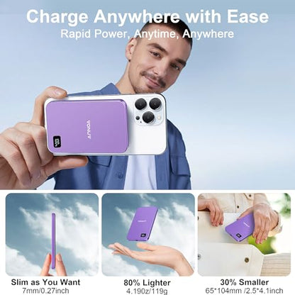 Magnetic Portable Charger 5000mAh, 15W Ultra Slim Wireless Portable Charger, Fast Charging for iPhone 17/16/15/14/13/12 Pro/Pro Max/Plus, Metal Shell, USB-C Cable to Charge Other Phones (Purple) - color: Purple