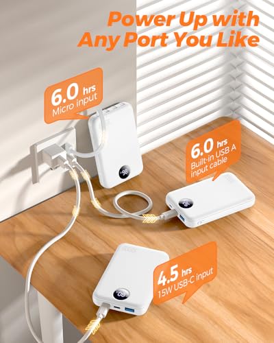 Portable Charger 10000mAh with 4 Built-in Cables 40% Smaller - color: Ivory