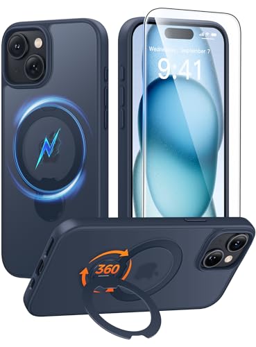 FNTCASE for iPhone 15 Plus/14 Plus Case with 360 Spin Magnetic Stand | Compatible with Magsafe,Screen Protector Translucent Matte Military Grade Shockproof Phone Cover Deep Blue - color: Deep Blue, size: For Iphone 15Plus/14Plus 6.7 Inch