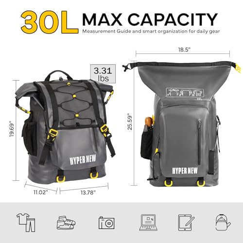 30L Dry Backpack Waterproof, Dry Backpack for Men Women, Ideal for Kayaking, Boating, Paddle Boarding, Fishing, Hiking, Camping & Outdoor Travel Essentials - color: Grey