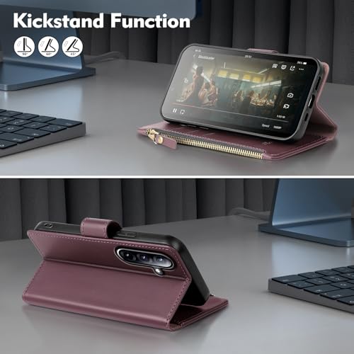 Shieldtop Compatible with Samsung Galaxy A37 5G Wallet Case with Card Holder,PU Leather Phone Case Flip Protective Cover Wrist Strap Zipper Credit Card Slots RFID Blocking Women Men,Wine Red - color: Wine Red