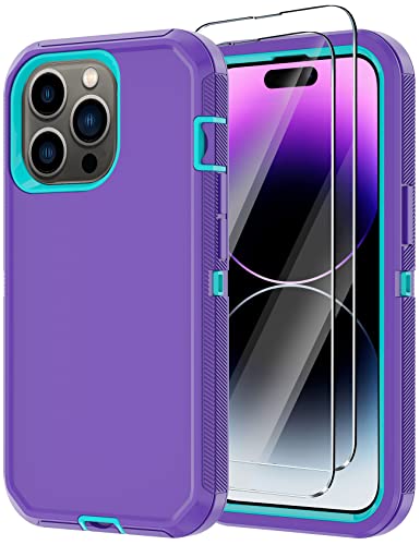 for iPhone 14 Pro Max Case with 2 Screen Protector, Heavy Duty Shockproof Drop Proof Military Rugged 3-Layer Tough Durable Protective Cover for Apple iPhone 14 Pro Max 6.7" (Purple/Blue) - color: Purple/Blue