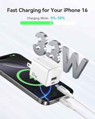 USB C Wall Charger Block 33W, Dual Port GaN PD3.0 Power Adapter Fast Type C Charging Block Foldable Plug Compatible with iPhone 17/Pro/Pro Max/17 Air/16/16 Plus/15/14/13/12, Galaxy, iPad, Airpods