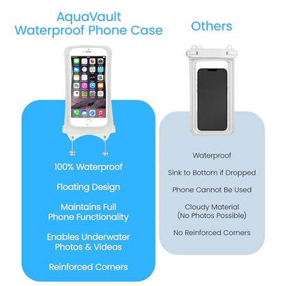 AquaVault Floating Waterproof Phone Pouch Case Universal for iPhone Android | White. Floats and keeps phones and cash dry. Heavy-duty PVC, drop protection, adjustable neck strap. Fits any phone size. - color: White