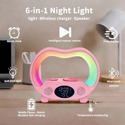 6-in-1 Wireless Charging Station with Bluetooth Speaker, RGB Ambient Light, Smart Display Clock & Thermometer, and Remote Control for Remote Operation of All Functions, ZS932 Pink. - color: Multifunctional Alarm Clock Zs932 Pink