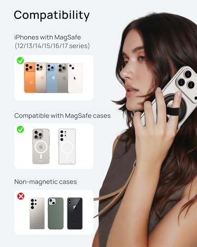 SODI Magnetic Phone Grip with Nylon Finger Strap, 360° Rotate N52 Magnet Phone Kickstand, 4-in-1 Magnetic Phone Ring Holder for Mag Safe iPhone 17/16/15/14/13/12 Series, Black - color: Pure Black