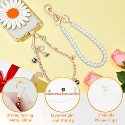 2 Pcs Phone Charm Wrist Strap with Tether Tab, Double Anti Lost Pearl Beaded Wrist Lanyard with Flower, Detachable Leather Metal Phone Charms for Bag, Key Chains, Camera Decor