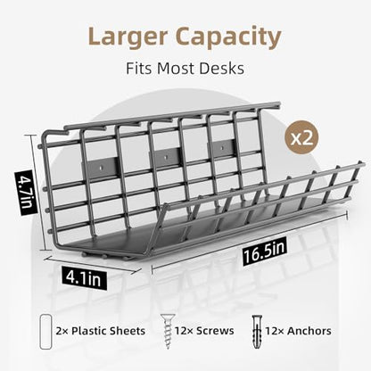 2 Pack DELAMU Under Desk Cable Management Tray, Large Metal Cord Organizer, Office & Home Cord Wire Management Under Desk Shelf, Easy Install Pre-drilled Cable Organizer, Black - size: 2 Pack