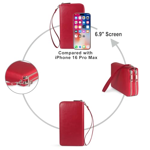 Women’s Wallet for Cell Phone Anti Theft Wristlet Bag with Strap RFID Blocking Double Zipper, Red - color: Red