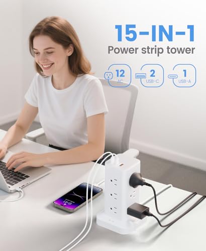 12AC 3USB Power Strip Tower Surge Protector 1800J, 6ft, White, 1 - color: White, size: 6ft