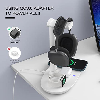 Headphone Stand with 15w Wireless Charger, Suguder 4 in 1 Charging Station Headset Holder for AirPods Max/Pro/4/3/2 iWatch 10/9/8/7/6/5/4/3/2/1/SE iPhone 17/16/15/14/13/12/11/X for Desktop Table Game - color: White