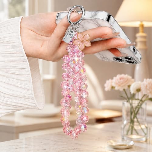 Cute Phone Wrist Strap Chic Beaded Cellphone Lanyard Phone Charm Grip Strap - color: Pink Flower Crystal