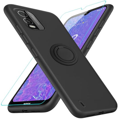 for Nokia c210 Phone Case with Glass Screen Protector, 360° Rotatable Ring Holder Magnetic Kickstand/Stand Silicone TPU Shockproof Protective Cover Case for Nokia Nokia c210 - Black