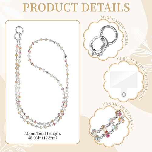 WOZEAH Crystal Cell Phone Lanyard Crossbody Strap for Women, Beaded Phone Strap for Cellphone Case with Tether Tab - color: Iridescent Square Crystal