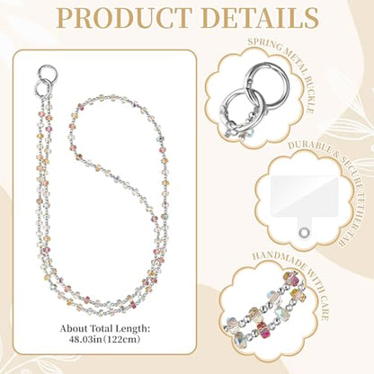 WOZEAH Crystal Cell Phone Lanyard Crossbody Strap for Women, Beaded Phone Strap for Cellphone Case with Tether Tab - color: Iridescent Square Crystal