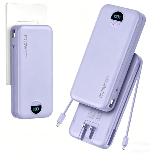 Portable Charger Power Bank 20000mAh with Built in Cables & Wall Plug - color: Purple