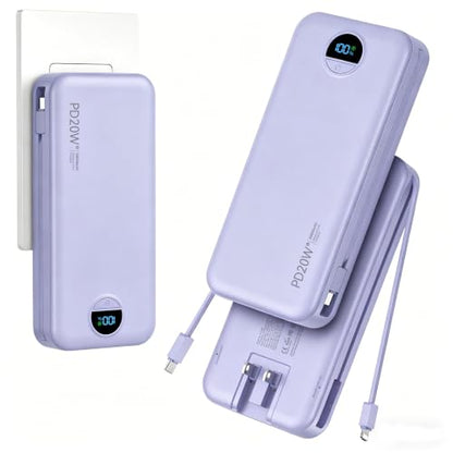 Portable Charger Power Bank 20000mAh with Built in Cables & Wall Plug - color: Purple
