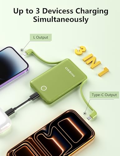 miisso 10000mAh Mini Portable Charger with Built in Cable, Green - color: Green