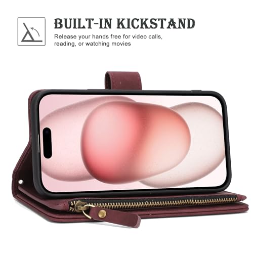 RANYOK Wallet Case for iPhone 15 (6.1 inch) with RFID Blocking Credit Card Holder, Premium PU Leather [Zipper Pocket] Flip Folio Case Wallet with Wrist Strap Kickstand Protective (Wine Red) - color: Wine Red
