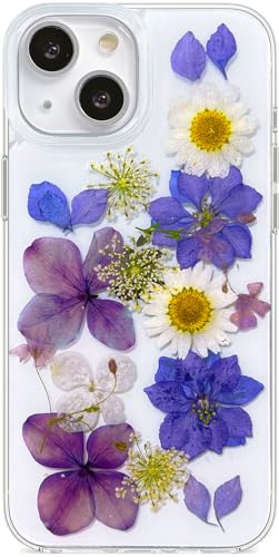 Abbery Designed for iPhone 14 Plus/15 Plus Case Clear with Pressed Flower Design Cute Soft TPU Real Dried Purple Floral Aesthetic Protective Shockproof Women Girl's Phone Cover (Purple Flower) - color: Purple Flower, size: for iPhone 14 Plus/15 Plus