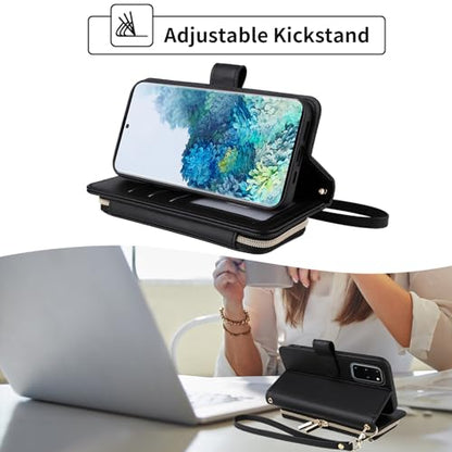 Wallet Case for Samsung Galaxy S20 Plus S20+ 5G with Wrist Strap, 9+ Card Slots Zipper Purse, Luxury PU Leather Stand Full Body Phone Cover for S20+5G S20plus 20S + S2O S 20 20+ G5 Women Black | Wrist/Shoulder Strap, Card Slots, Zipper Purse, PU Leather S