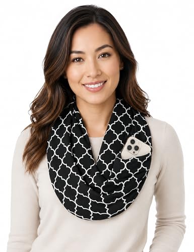 Pop Fashion Quatrefoil Pattern Infinity Scarf for Women - Travel Scarf with Hidden Pocket - All Seasons - color: Black, size: 24.5 x 9.5