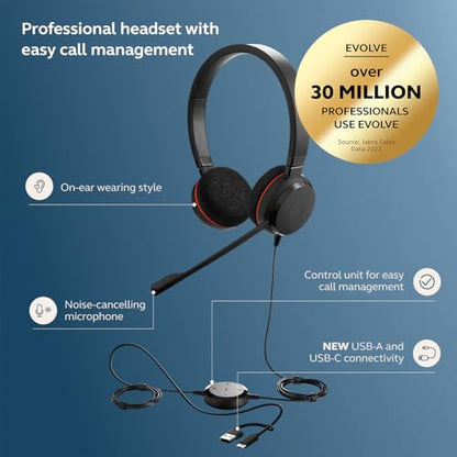 Jabra Evolve 20 Wired Headset (2025 Edition) with USB-A/USB-C, Black - color: Stereo, style: Teams Certified