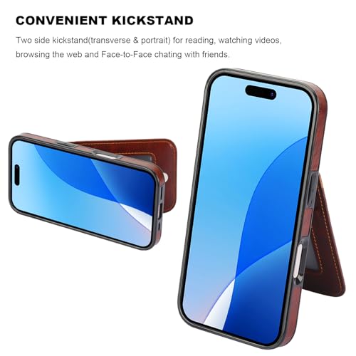 KIHUWEY for iPhone 16 Pro Wallet Case Card Holder Kickstand, Brown | Credit Card Slots, PU Leather, Magnetic Clasp, Flip Heavy Duty Protection Cover for Men and Women - color: Brown