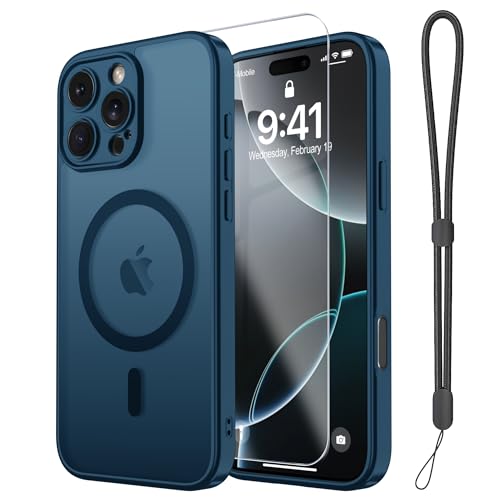 Magnetic Case for iPhone 16 Pro Case with Screen Protector+Wrist Strap | Compatible with MagSafe,Full Camera Protection,Slim Translucent Matte Phone Cover,Deep Blue - color: Deep Blue