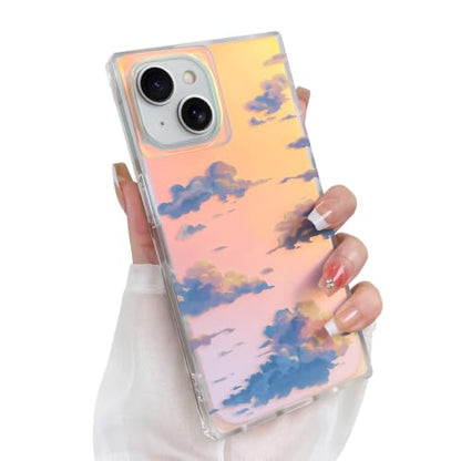 Cute Rectangle Case for iPhone 15 Case, Iridescent Clouds | Twilight Sun Set Sky Pattern Design, Aesthetic Girly Matte Glitter Protective Phone Cover for Women Girls - size: iPhone 15
