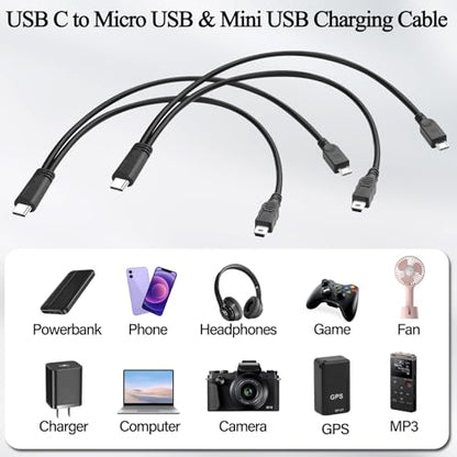 QIANRENON USB C to Micro USB & Mini USB 1 in 2 Charging Short Cable, 5V 3A, 30cm/11.8in, 2Pcs