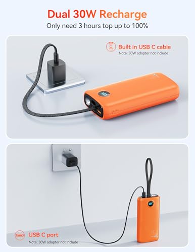 DIAMUAR Portable Charger 20000mAh 45W, Built in USB C Cable, 3W Flashlight - color: Orange