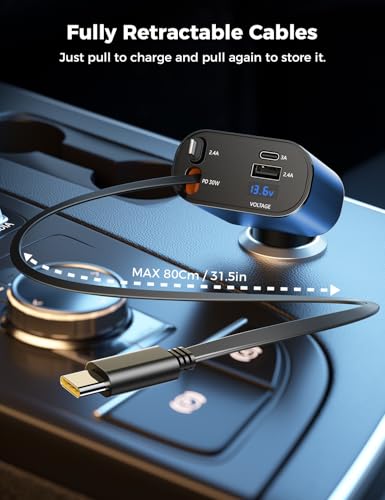 [Upgraded] SUPERONE Retractable Car Charger 4 in 1 Fast Phone Charger - color: Blue