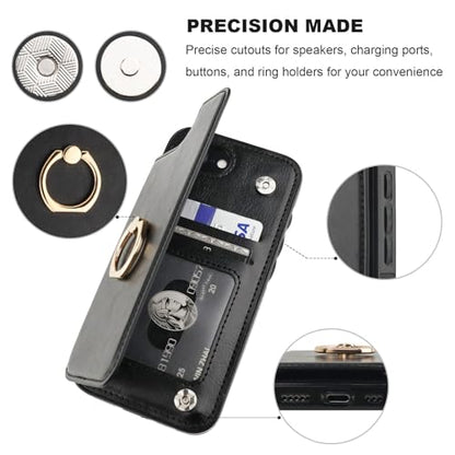 ONETOP for iPhone 17e/16e Wallet Case with Credit Card Holder,Black | 360° Rotation Ring Kickstand,Finger Grip,Double Magnetic Clasp,RFID Blocking PU Leather Shockproof Cover for Women Men - color: Black