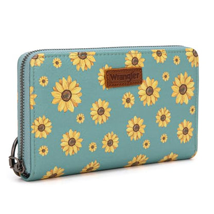 Wrangler Large Wristlet Wallet Women Daisy Wallets, Card Cases & Money Organizers Bifold Keychain Wallets Credit Card Phone Clutch Wallet Ladies Female with Smooth Zipper and ID Window - color: Daisy-Jeans Blue