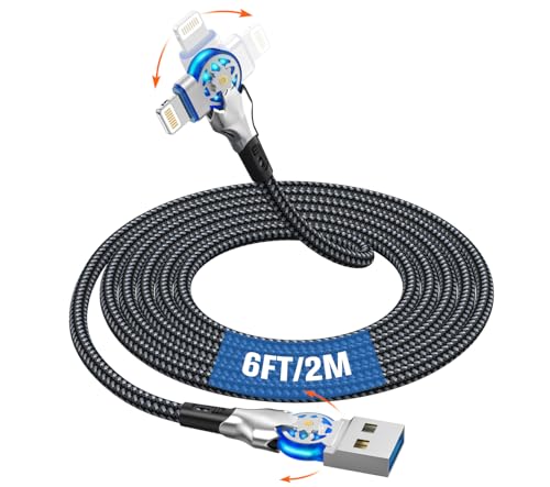 Dual 90 Degree Lightning Cable with 180° Rotating Head, 6ft Right Angle Nylon Braided iPhone Charger Cord for iPhone14/13/12/11/X/8/7/6/5/SE/Pod/Pad, MFi 180° Rotating Lightning Cable Fast Charge