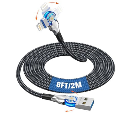 Dual 90 Degree Lightning Cable with 180° Rotating Head, 6ft Right Angle Nylon Braided iPhone Charger Cord for iPhone14/13/12/11/X/8/7/6/5/SE/Pod/Pad, MFi 180° Rotating Lightning Cable Fast Charge