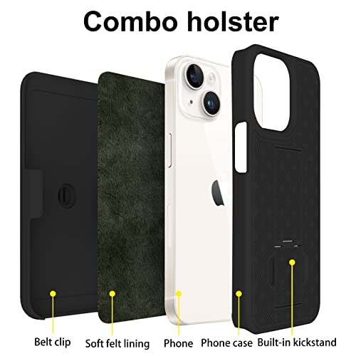 for iPhone 14/13 Belt Clip Holster Case, Screen Protector-Black | Swivel Kickstand Holder, Slim Shell Slide Pouch Full Body Protective, Rugged Heavy Duty Shockproof Outdoor Cell Phone Cover - size: iPhone 14