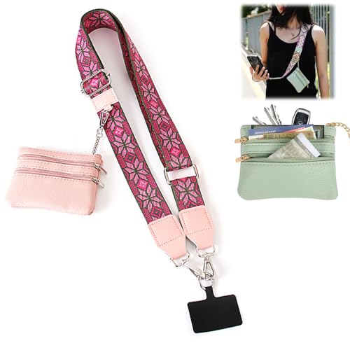 Phone Strap With Zippered Pouch, Universal Lanyard Crossbody Wrist Strap With Wallet, Adjustable - color: Pink A1