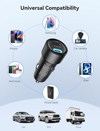 TECKNET USB Car Charger[2Pack], 48W 2-Port Cigarette Lighter Fast Chargering, PD&QC3.0 USBC Car Charger Adapter Compatible with iPhone 17/16/15/14 Pro Max/Plus Galaxy
