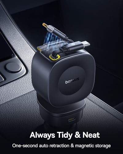 Baseus 163W Retractable Car Charger USB C Fast Charging, PrimeTrip VR2 Max 4 in 1 Fast Car Charger with Dual Retractable USB C Cable for iPhone 17 16 15 Pro Max, Samsung Galaxy S25 Ultra, Android