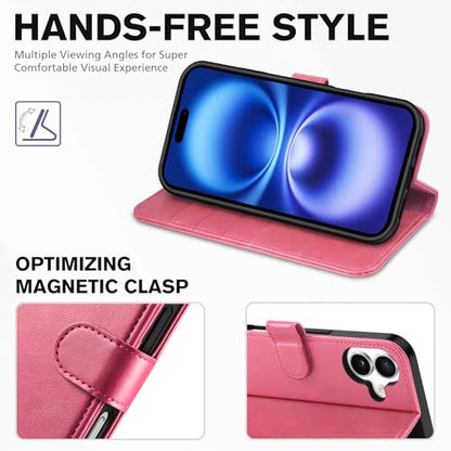 TUCCH Wallet Case for iPhone 16 (6.1") 2024, 4 Card Holders, Hot Pink | RFID Blocking, Viewing Stand, Shockproof TPU Shell, PU Leather, Magnetic Closure, Protective Folio Flip Cover - color: Hot Pink