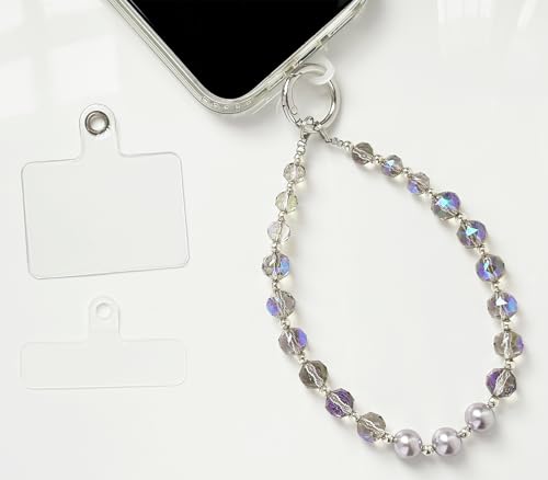 Sparkle Crystal Pearl Phone Wrist Strap for Women, Sparkling Beaded Cellphone Lanyard Chain - color: Purple